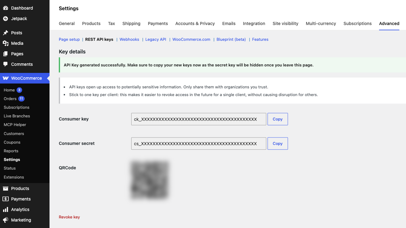 生成的 REST API 密钥