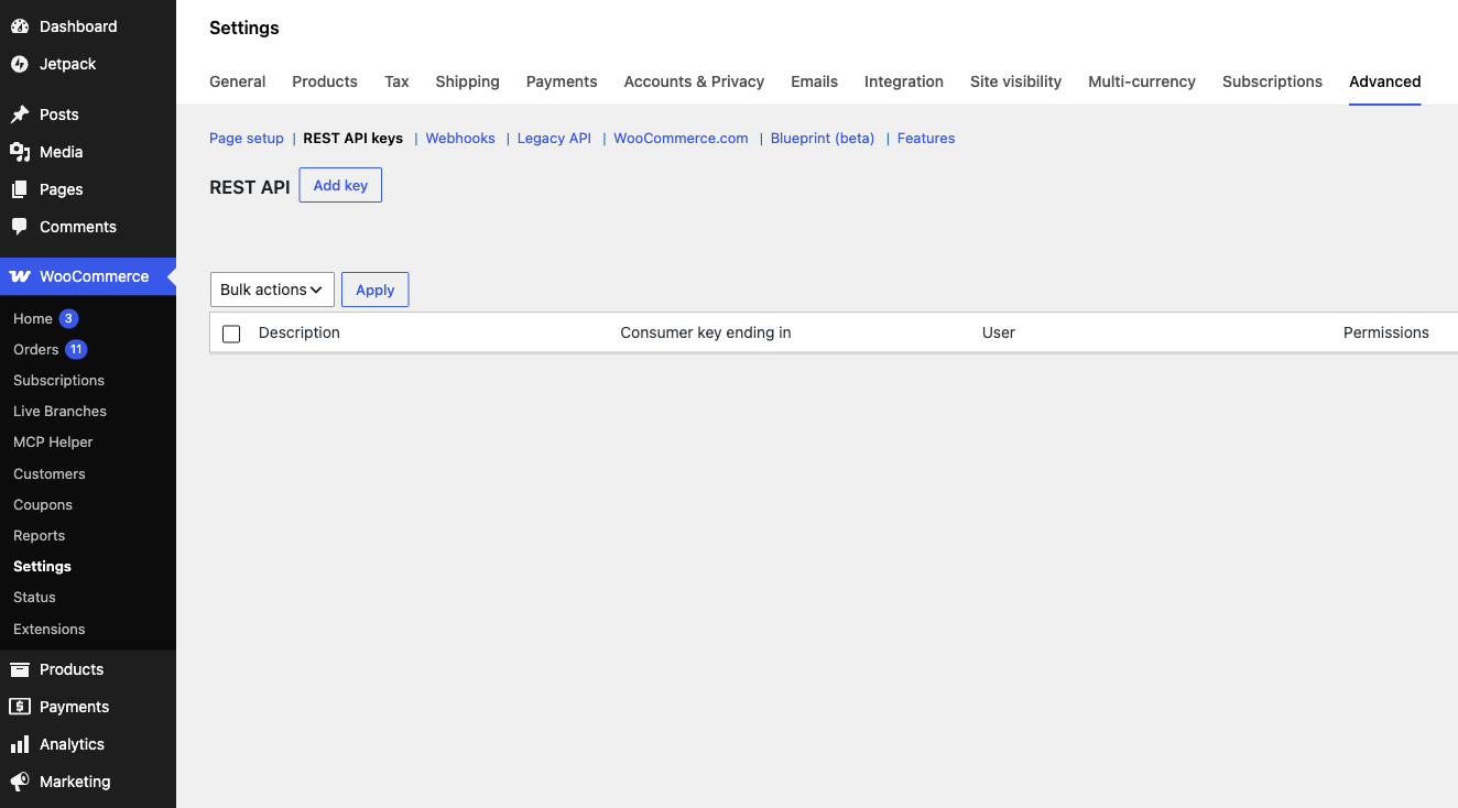 WooCommerce REST API 密钥设置